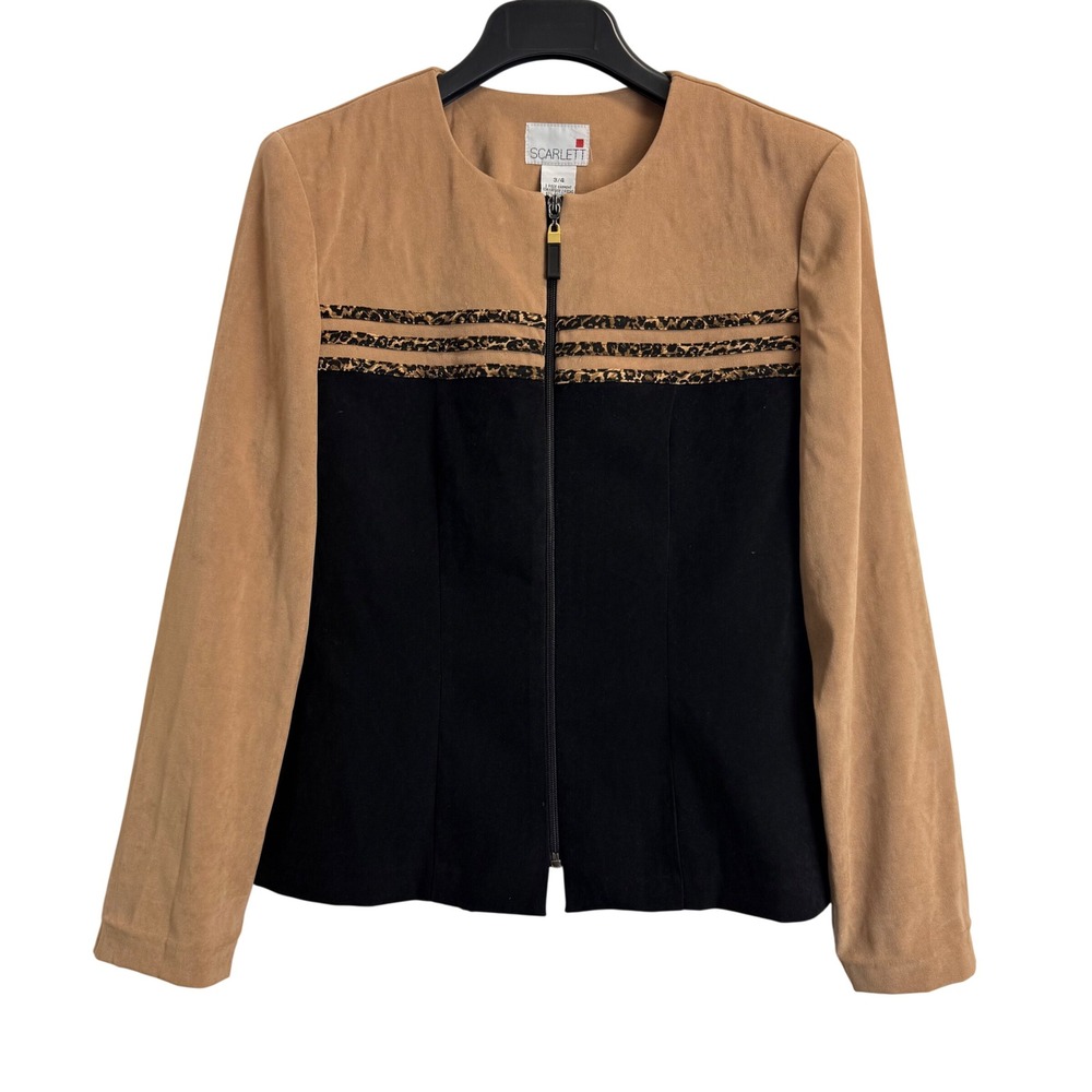 Scarlett Womens Tan Black Colorblock Leopard Trim Zip Front Jacket Blazer Size 4